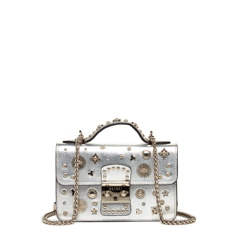 Small Leather Crossbody Bag Studded Silver Purse